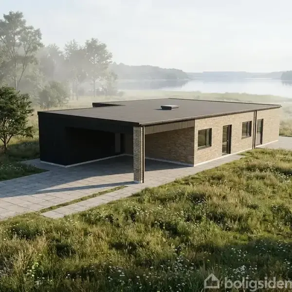 Et moderne, fladt taghus står roligt i en frodig eng med spredte træer. Stenbelagt sti fører til indgang; baggrund præsenterer en tåget sø og skov.