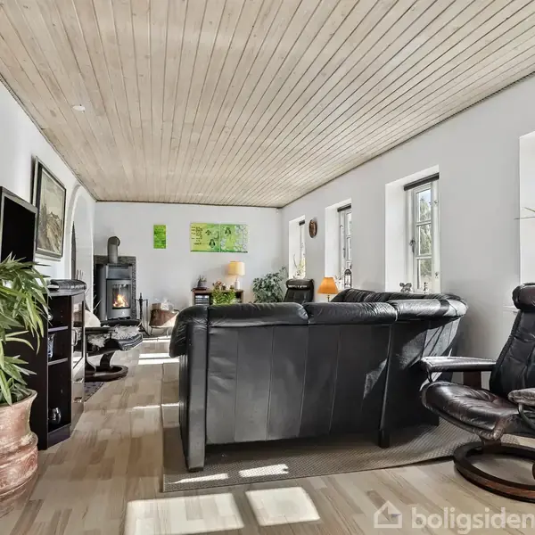 Sort lædersofa stående i en lys stue omgivet af store vinduer. Ved siden af er der en grøn plante i en keramikkrukke, og i baggrunden ses en brændeovn.