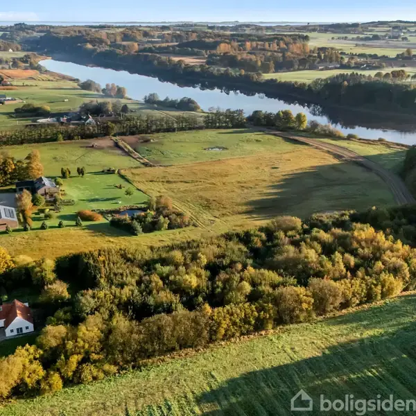 Et malerisk landskab viser en flod, der snor sig gennem frodige skove og åbne marker. Flere huse ligger spredt langs en vej i venstre side af billedet.
