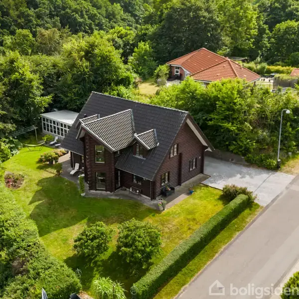Træer strækker sig over et bakket landskab. I baggrunden flyder en flod forbi en by med farverige bygninger, omgivet af skov og blå himmel.