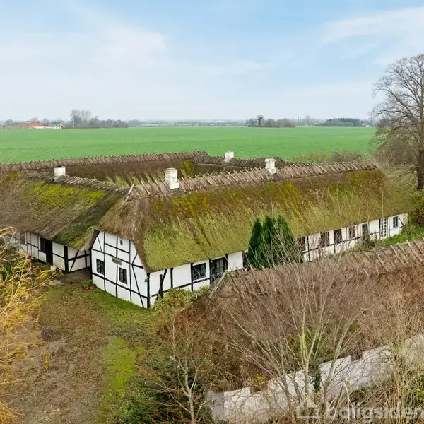 Bindingsværkshuset med stråtag står stationært omgivet af frodige marker og træer i en landlig og idyllisk setting.