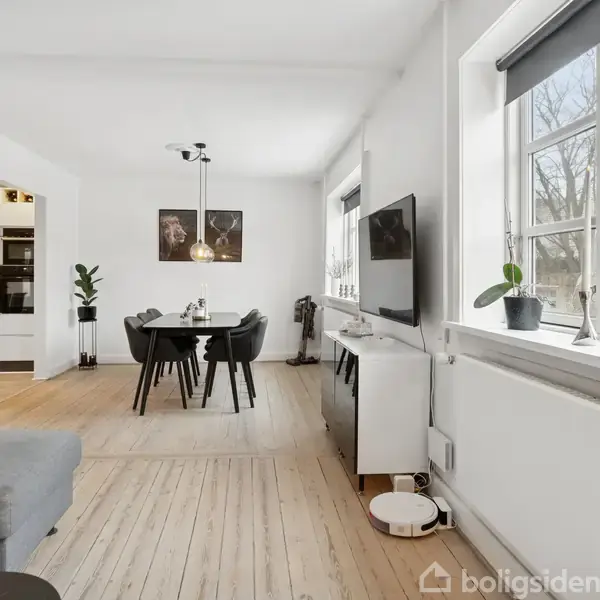 Stue med grå sofa, fladskærms-TV på væggen og spisebord med sort bord og stole. Rummet er lyst med store vinduer og planter på vindueskarmen.