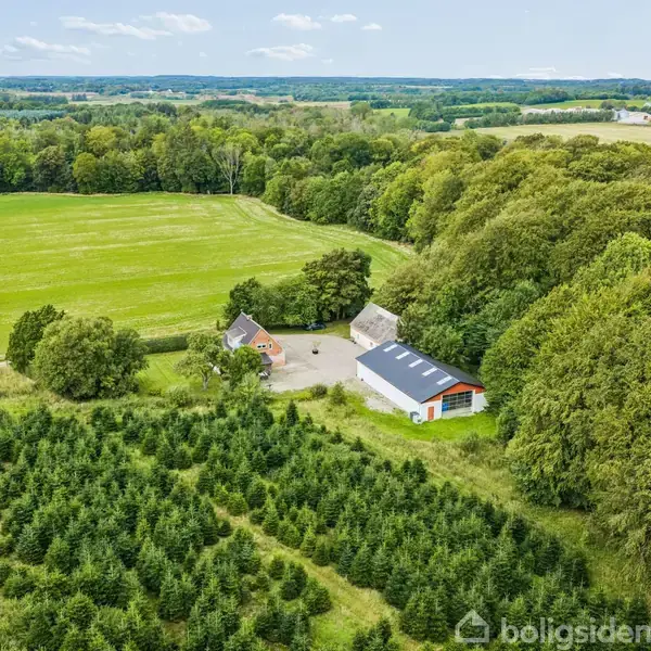 Et lille landhus omgivet af frodige skove og marker. En ved siden af en grusvej står to bygninger, der ser ud som en stald og et beboelseshus.