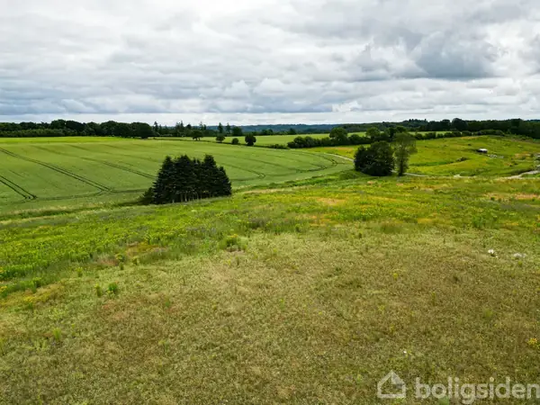 Grønne marker strækker sig over bakket landskab, dækket af græs og små grupper af træer, under en overskyet himmel.