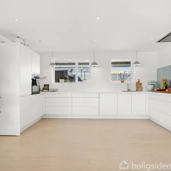 Køkken med hvide skabe arrangeret i en U-form, pyntet med planter hængende på en gittervæg. Lyse træ-gulve og pendellamper. Bredt arbejdsområde og minimalistisk indretning.