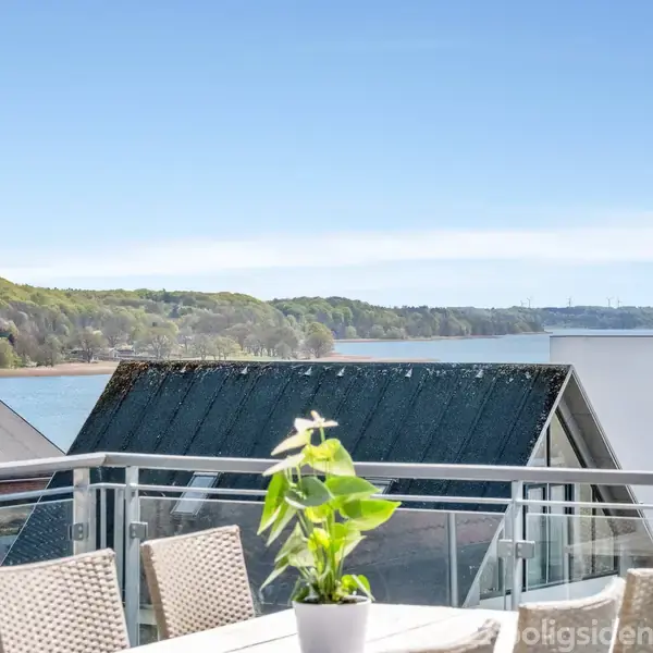 En potteplante står på et bord med flettede stole omkring. I baggrunden ses et glasrækværk og en udsigt over tagene mod en skovklædt kystlinje under en klar blå himmel.