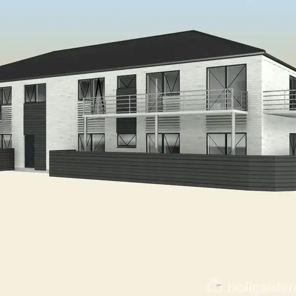 En moderne, todelt bygning med fladt tag, hvid facade, og store vinduer. Omkranset af en lav, sort mur, placeret i et åbent, lyst område.