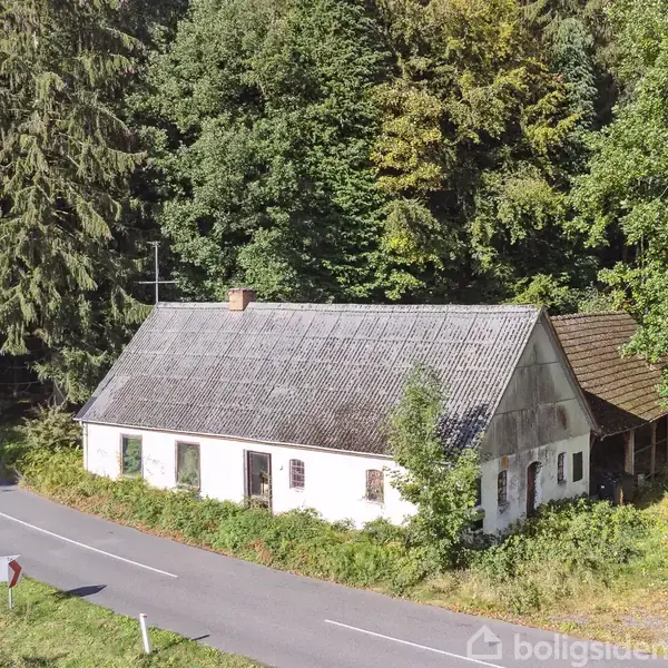 Hvidt hus med eternittag, tilgroet med buske, ved en landevej i et skovområde. Træer omgiver bygningen, og en skovkant er synlig i baggrunden.