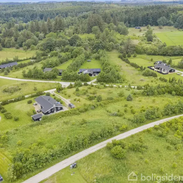 Landskab med spredte moderne sorte huse med hvide karme. Husene ligger langs snoede veje omgivet af grønne marker og skove i baggrunden, hvilket skaber et naturskønt område.