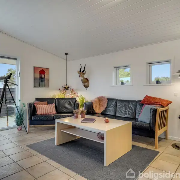 Stue med sort sofa og bord i centrum, udstyret med bøger og vaser. Et stativ med teleskop står ved terrassevindue. Væggene har kunst og et hjortehoved. Tekst: "boligsiden".