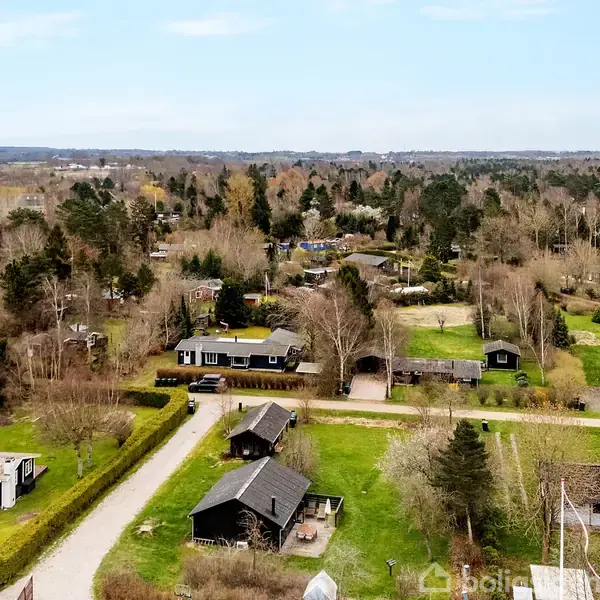 Flere huse står stille i et grønt, skovklædt landskab med spredte træer. Små veje forbinder boligerne, og området strækker sig ud mod en horisont med skov og åbne marker.