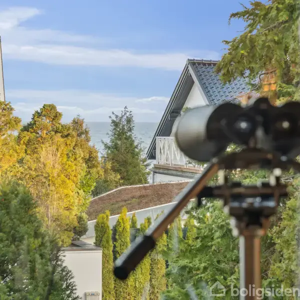 Kikkert står på trefod og peger ud ad et vindue. Udenfor er der træer og tage af blå tegl, der tilhører omkringliggende huse.