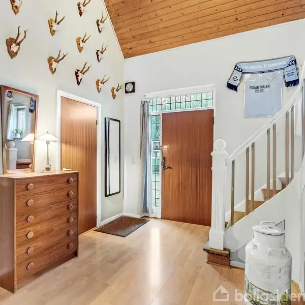 Indgangsparti med en trækommode til venstre og en trappe til højre. Jagt-trofæer hænger på væggen over spejl og lampe. En trøje med "FC Midtjylland" er monteret ved trappen.