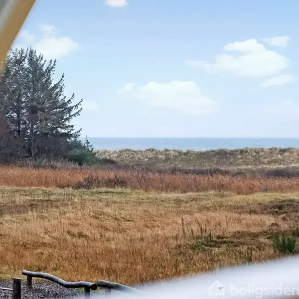 Et åbent vindue viser en udsigt over en strandeng med gyldne græsser. I baggrunden ses et klitlandskab og havet under en blå himmel.