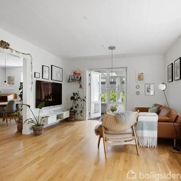 En stue med lyst trægulv indeholder en lædersofa og en stol med tæppe. Et tv er vægmonteret ved siden af en stor plante. Franske døre åbner ud mod en balkon.