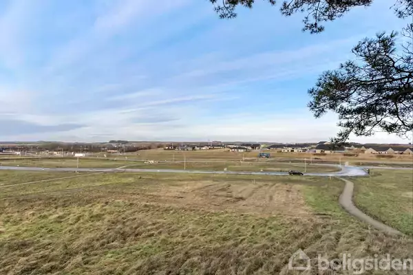 En bil kører på en vej omgivet af åbne marker og sparsomme træer under en blå himmel. I horisonten ses lå lav bebyggelse.