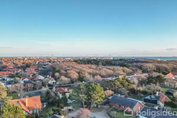 Landsbyen med røde og grå tage strækker sig mod horisonten, hvor fabrikshaller er synlige. Skoven omkranser kvarteret, mens havet skimtes i baggrunden under en klar blå himmel.