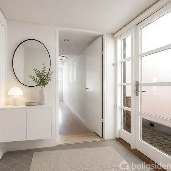 En lys entré med et rundt spejl over en hvid skabsenhed. En lampe og en vase med grene pryder skabet. Døre med glas viser ud til en flisebelagt gang.
