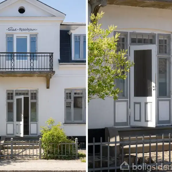 Husfasade delt i to billeder. Venstre viser en hvid bygning med balkon og teksten "Tilaks-Reservations". Højre side viser hoveddøren, omgivet af grønne buske, foran et hegn.