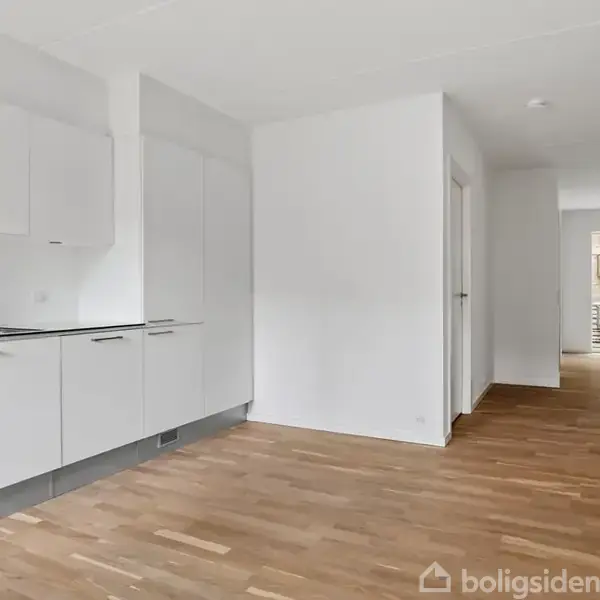 Et køkken med hvide skabe og sort bordplade uden aktivitet, placeret i en moderne lejlighed med trægulv. En gang fører til andre rum med udsyn til en balkon.