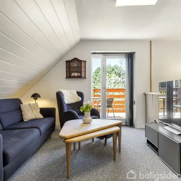 En stue med en blå sofa og en lænestol ved et lavt træbord. Et vindue med udsigt til en altan og grønne træer udenfor. En fladskærm står overfor sofaen, og en lysekrone hænger i loftet.