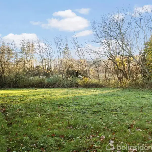 En græsplæne strækker sig udad, omkranset af tætte træer og buske. Sollys oplyser plænen, mens himlen er let overskyet. Ingen tekst udover "boligsiden" vandmærke.