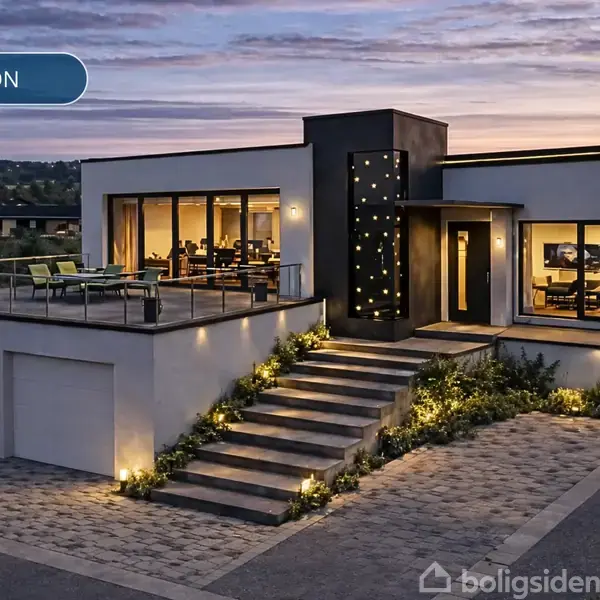 Moderne hus med fladt tag, oplyst trappe og stor terrasse. Belysning langs indkørslen og haven i skumringen. Tekst: "INSPIRATION", ignorer "boligsiden".