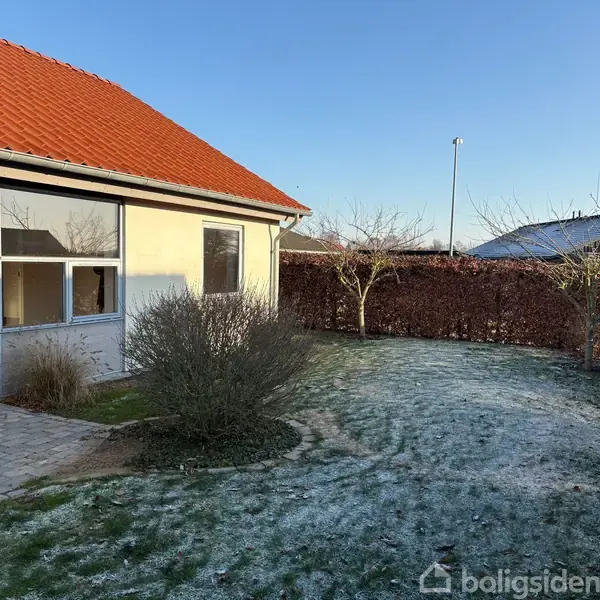 En villa med rødt tegltag ses fra haven, hvor en lille græsplæne med let frost grænser op til en hæk. Vinduet reflekterer lys, og himlen er klar.