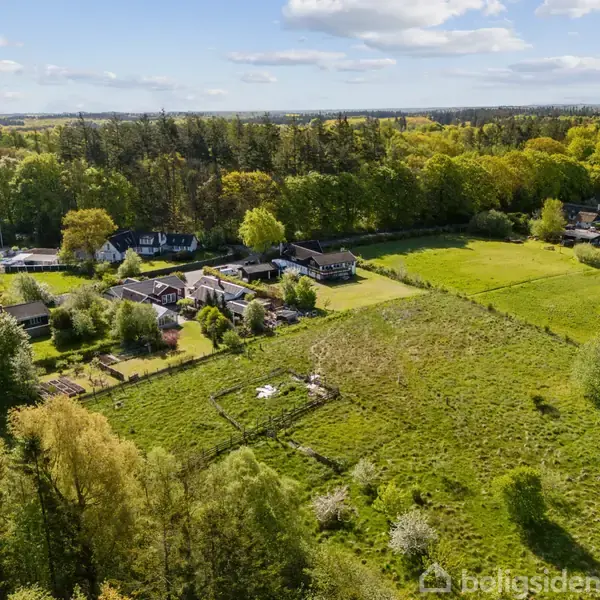 Grønne marker strækker sig ud foran en klynge af huse, der ligger langs en skovbevokset kant under en blå himmel med spredte skyer.