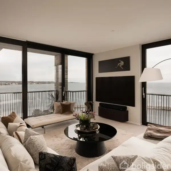 Stue med moderne sofaer og sofabord i forgrunden. Store vinduer viser en udsigt over vandet. En fladskærm hænger på væggen, og en stor buelampe står ved siden af.