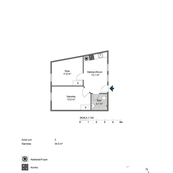 Plantegning af lejlighed med køkken/alrum (13,1 m²), stue (11,8 m²), værelse (13,0 m²) og badeværelse. Døre forbinder rummene, og målestok angiver skala 1:100. Antal rum: 2. Størrelse: 54,0 m².