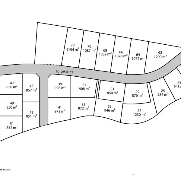 Grundplan med forskellige parceller langs Toftekærvej. Parcellerne har nummer- og arealangivelser som "59, 851 m²." En grund markeret som "solgt." Tekst: "home, kom godt hjem," og "Vejledende plantegning uden ansvar."