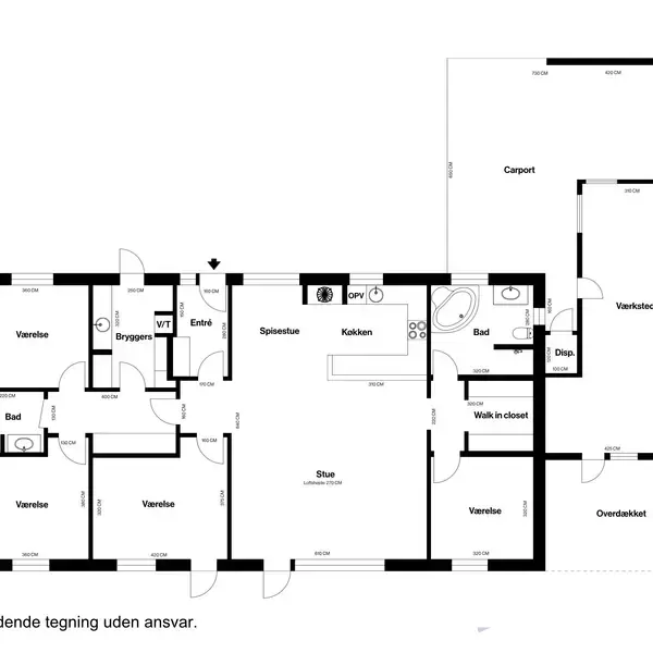 Plantegning viser en bolig med rum: Entré, bryggers, tre værelser, to badeværelser, stue, spisestue, køkken, walk-in closet, depot, værksted og carport. Tekst: "Vejledende tegning uden ansvar."