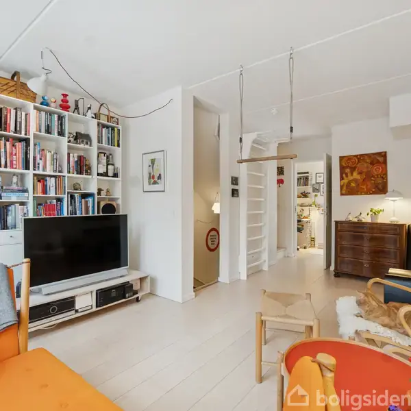 Stue med reol fyldt med bøger, TV og sofa med farverige puder. Rummet har lyst trægulv, gyngesæde fra loftet, og stige til højre. Hyggelig og indbydende indretning.