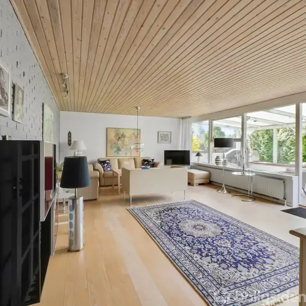En stue med lys træbeklædning i loftet. Der er en blå orientalsk tæppe på gulvet. Store vinduer fylder rummet med lys, og der er sofaer og kunst på væggene.