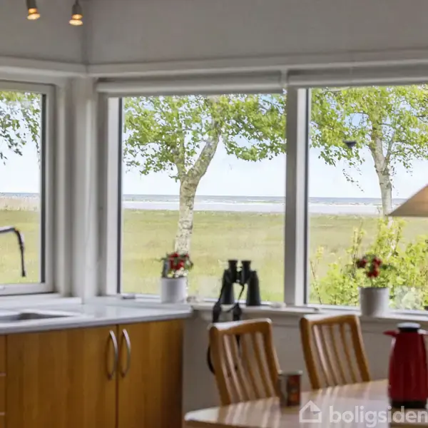 Køkkenbord med vask og køkkenborde står foran store vinduer. Bord dækket med stole, vase med blomster og en kikkert. Udsigt til grønne træer og græsareal udenfor.