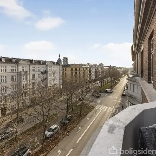 En altan med udsigt over en bred byvej flankeret af træer og klassiske fler-etagers bygninger. Flere parkerede biler ses langs vejen, og himlen er let skyet.