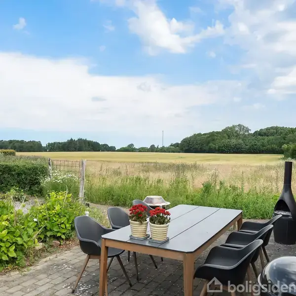 Et udendørs spisebord med fire stole står på en terrasse. Bordet har blomsterpotter og en kande. I baggrunden ses en mark omkranset af træer under en blå himmel.