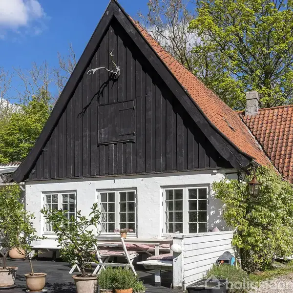 Et charmerende hus med sort gavl og rødt tegltag står blandt træer. Vinduerne i den hvide facade lyser op i solen, og der er en hjortetrofæ på gavlen.