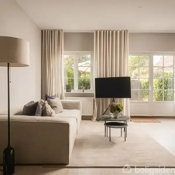 En lys stue indeholder en grå sofa med puder, to små borde med en blomstervase, en fladskærm på stativ, store vinduer med gardiner, og en stålampe.