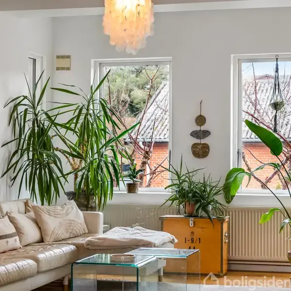 En beige sofa står mod en hvid væg med abstrakt kunst, ved siden af en glasvitrine med planter. Værelset fører ind i et køkken med gule skabe.