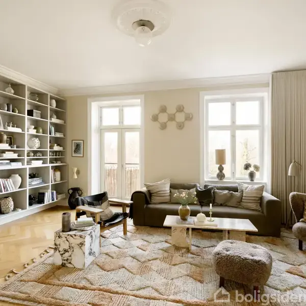 Stue med moderne sofa omgivet af lænestole og små borde i et velindrettet rum med gulvtæppe og indbygget reol. Store vinduer slipper lys ind, og kunst pryder væggene.