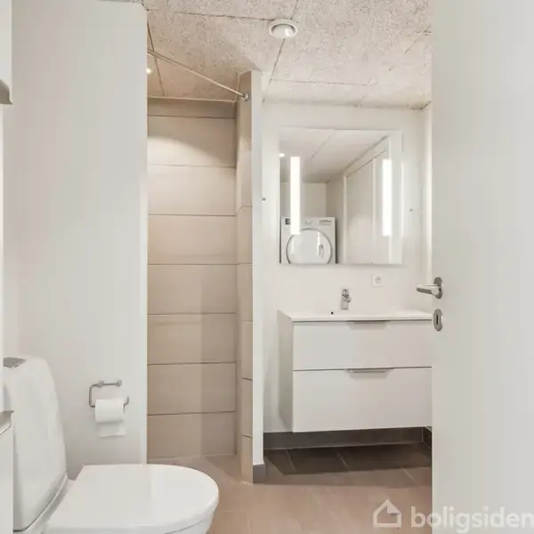 Et badeværelse med en toiletstol til venstre, en vask med spejl foran og en vaskemaskine i baggrunden. Rummet har hvide vægge og hylder.