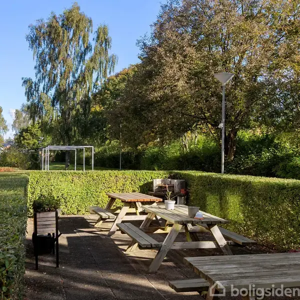 Træbænke står omkring et picnicbord på en flisebelagt terrasse omkranset af grønne buske. Baggrunden har træer og en tom tørrestativ, mens en gadelampe står ved siden af.
