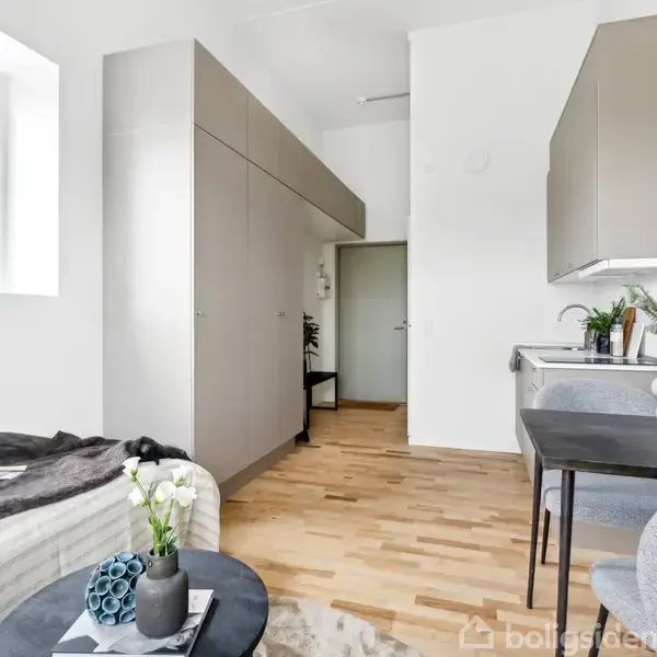 En lille lejlighed med træparketgulv viser en stue med en grå sofa, et rundt bord med keramikdekorationer og en plante. Et køkken i baggrunden har overskabe og en lille spiseplads ved siden af. En dør fører ud til en anden del af boligen.