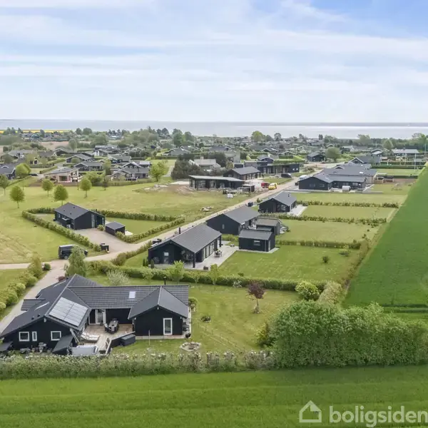 Adskillige sorte huse med terrasser ligger spredt i et grønt landskab, omgivet af marker og træer, under en blå himmel i et åbent, landligt område.
