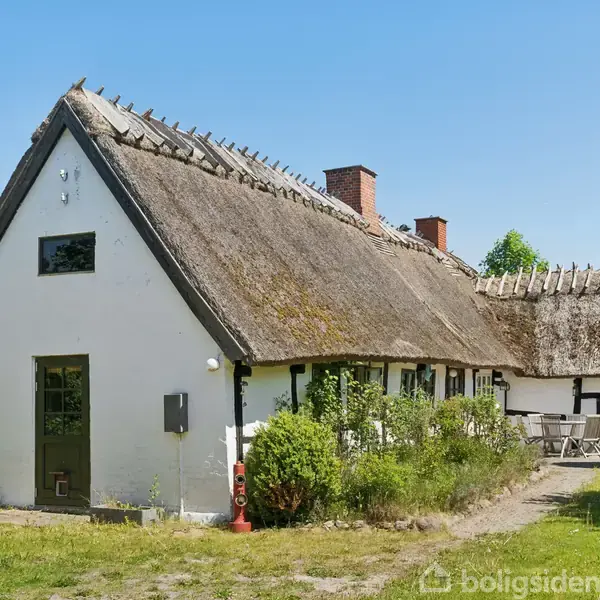 Bindingsværkshus med hvidkalkede mure og stråtag står blandt grønne træer og en velplejet have. En terrassedør leder ud til en havemøbleret gårdsplads under blå himmel.