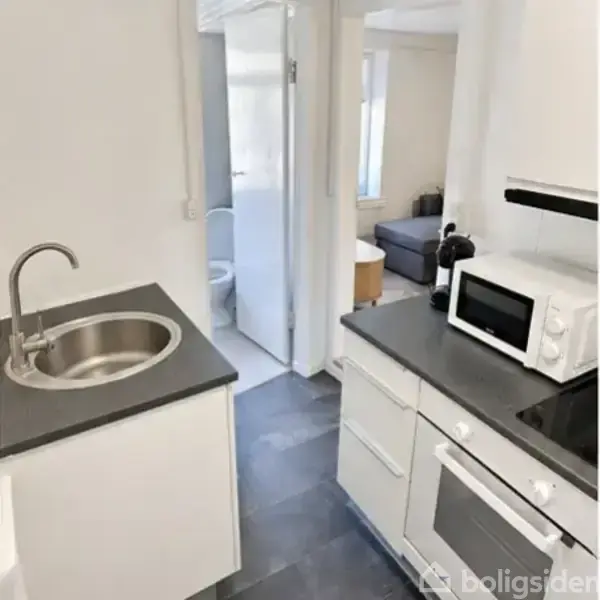 En moderne køkkenvask står ved siden af en bordplade med en mikrobølgeovn. I baggrunden ses en åben dør til et badeværelse og en stue med en sofa.