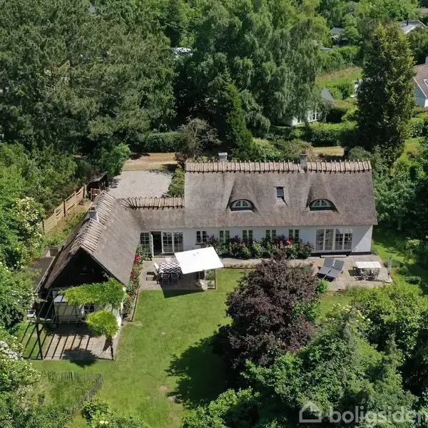 Huse ligger spredt i en grøn skov ved kysten, mens den rolige blå havoverflade strækker sig mod horisonten.