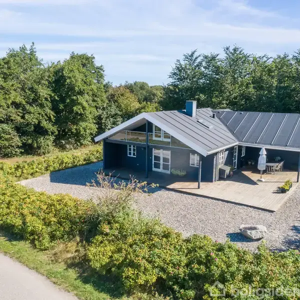 Et sort træhus med moderne tag står på en grusbelagt grund ved en vej. Omkring huset er der buske og træer, der skaber en frodig atmosfære.